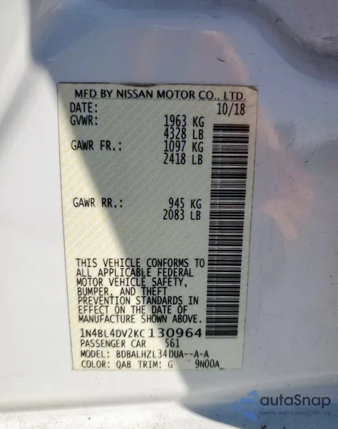 2019 Nissan Altima Sv из США, поврежденный, VIN 1N4BL4DV2KC130964